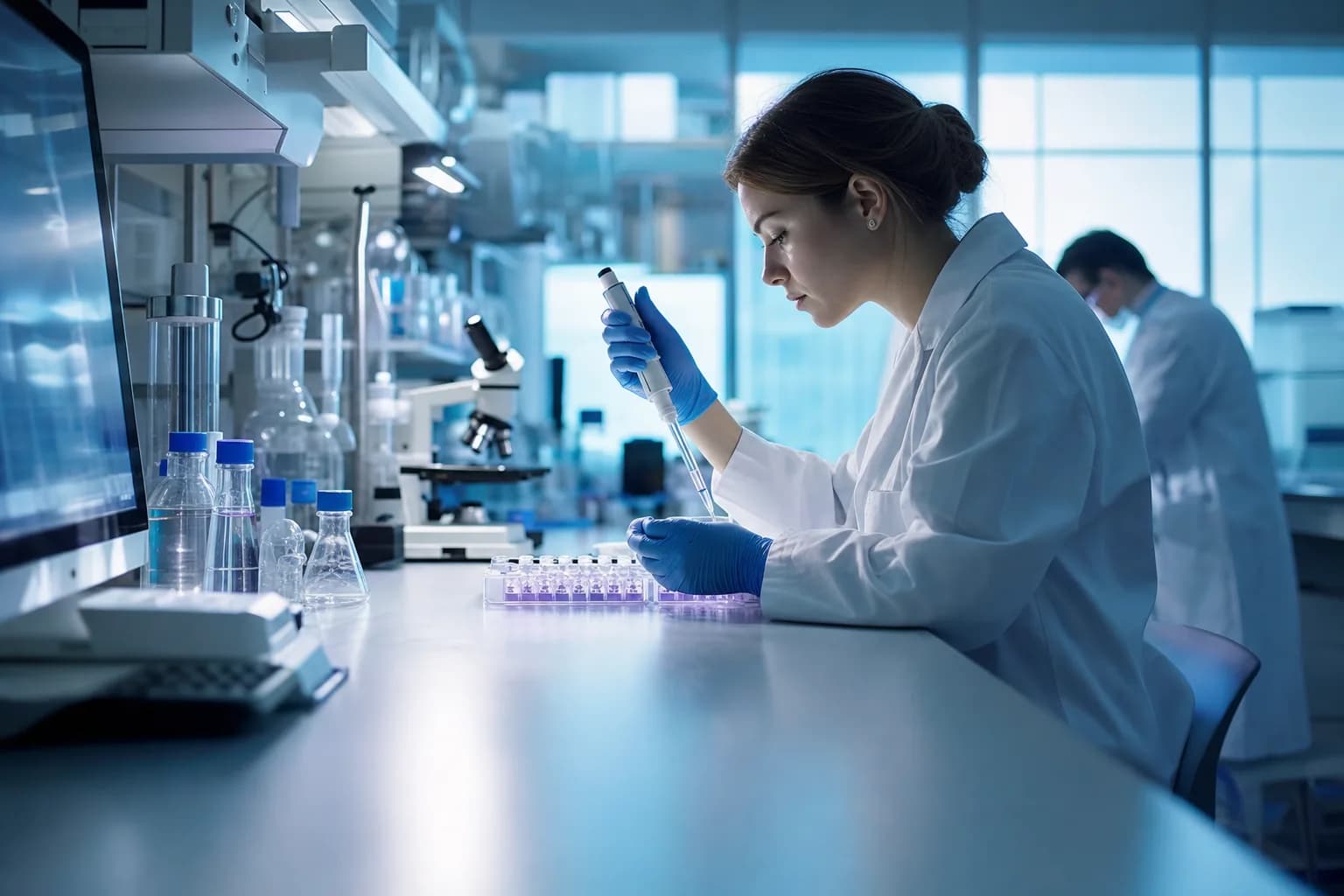 Bancada de laboratório com vidraria e instrumentos de precisão