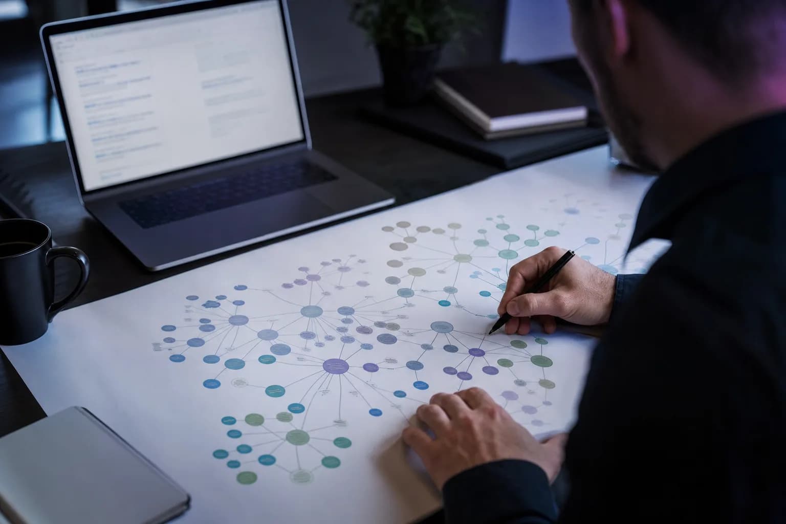 Estrategista anotando um mapa de palavras-chave impresso sobre uma mesa grande, laptop aberto ao lado