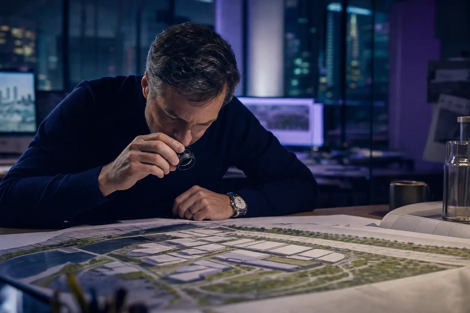 Consultor examinando com uma lupa um diagrama impresso da arquitetura de um site espalhado sobre a mesa