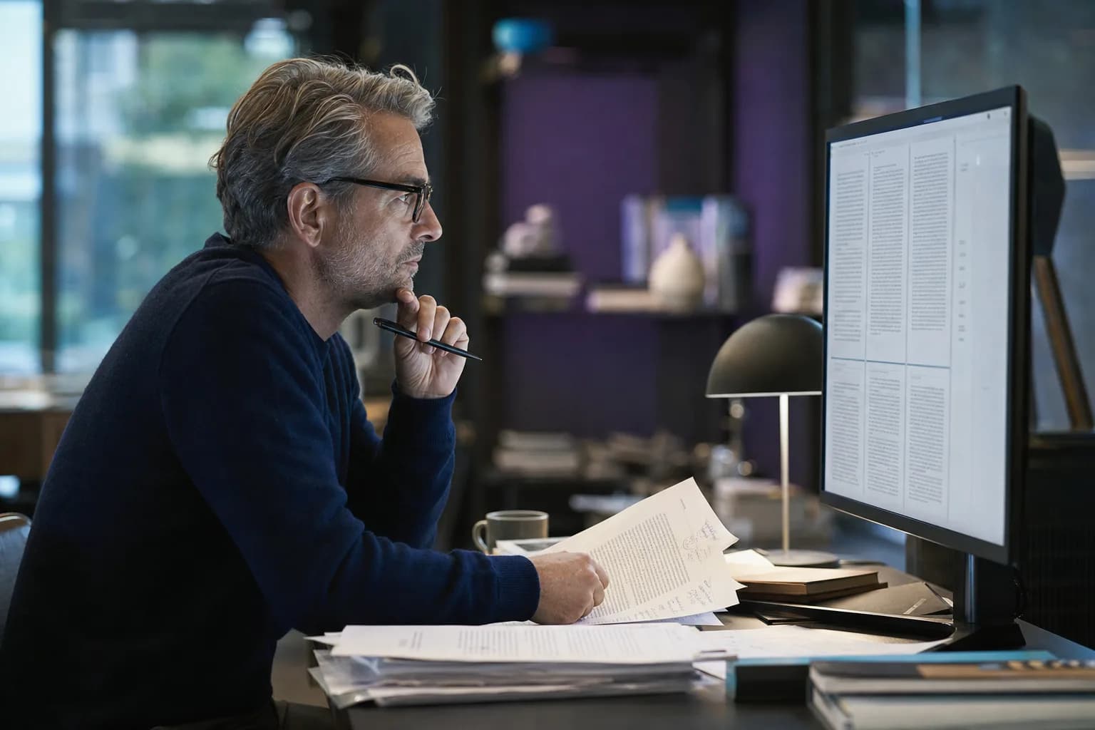 Editora revisando um artigo longo em um monitor grande, com provas impressas na mesa