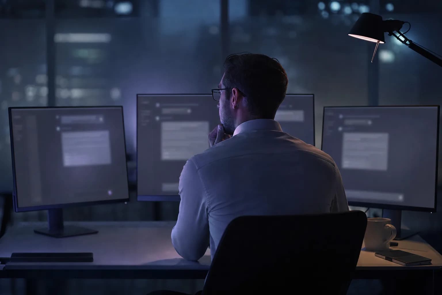 Profissional diante de telas com interfaces de conversa com inteligência artificial, luz violeta suave iluminando o ambiente