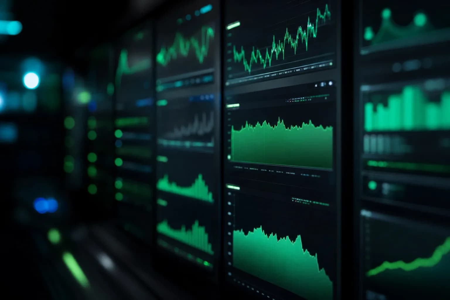 Painel de monitoramento com vários gráficos de disponibilidade e performance em verde