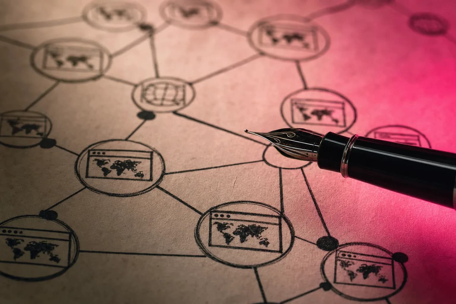Diagrama de rede de sites desenhado a tinta sobre papel, com uma caneta-tinteiro ao lado