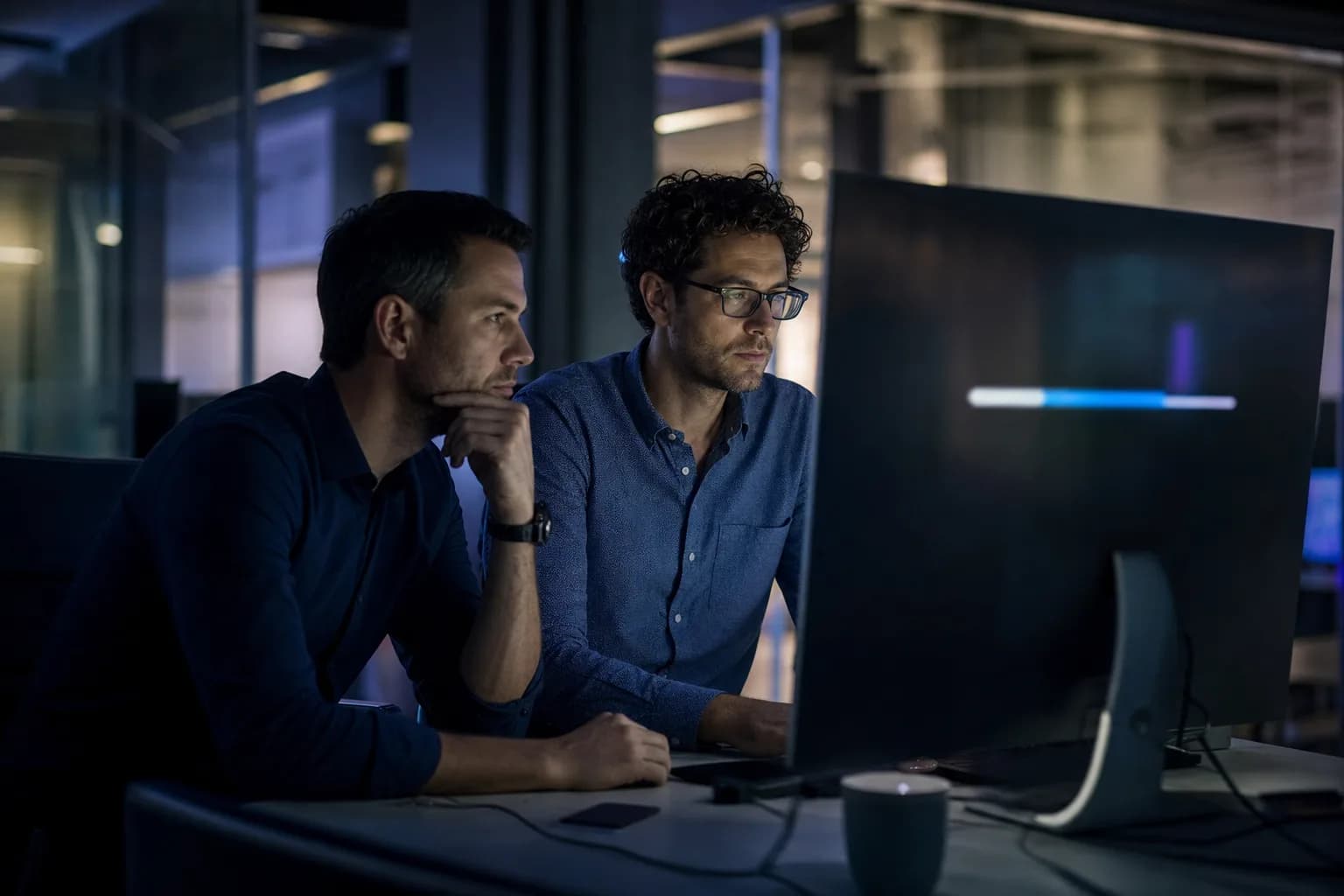 Dois engenheiros acompanhando um monitor grande durante a virada de um site na madrugada, concentração tranquila