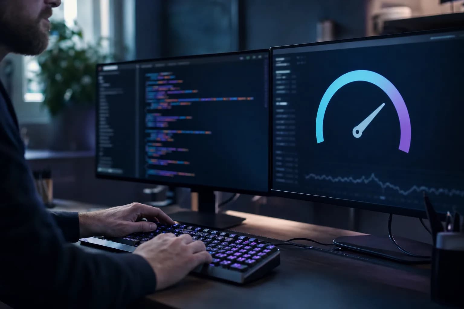 Monitores de um desenvolvedor exibindo código e um medidor de desempenho de página, com teclado mecânico sobre a mesa