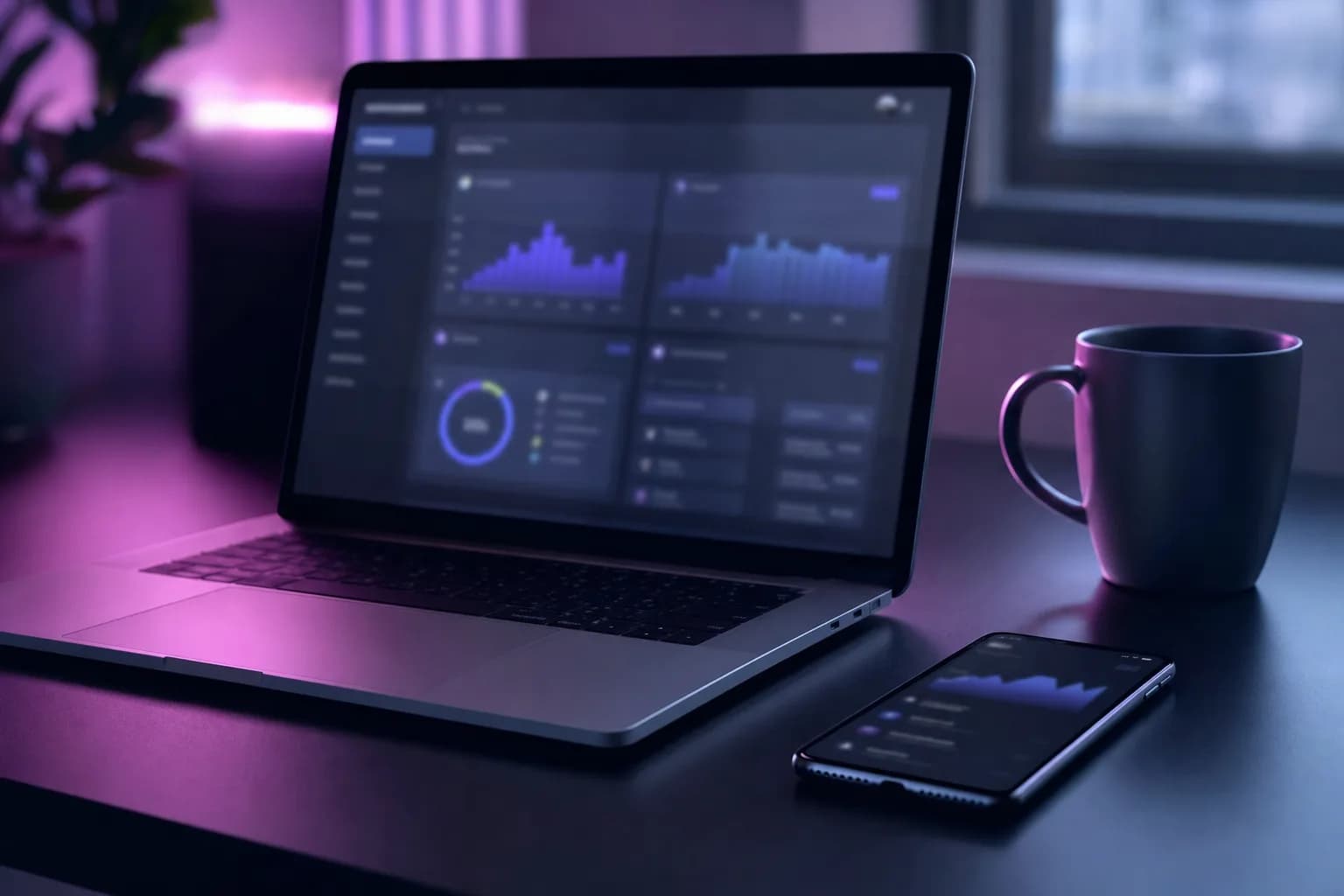 Notebook e celular sobre mesa clara exibindo painel com indicadores de marcação, cobertura e alertas, luz violeta ao fundo