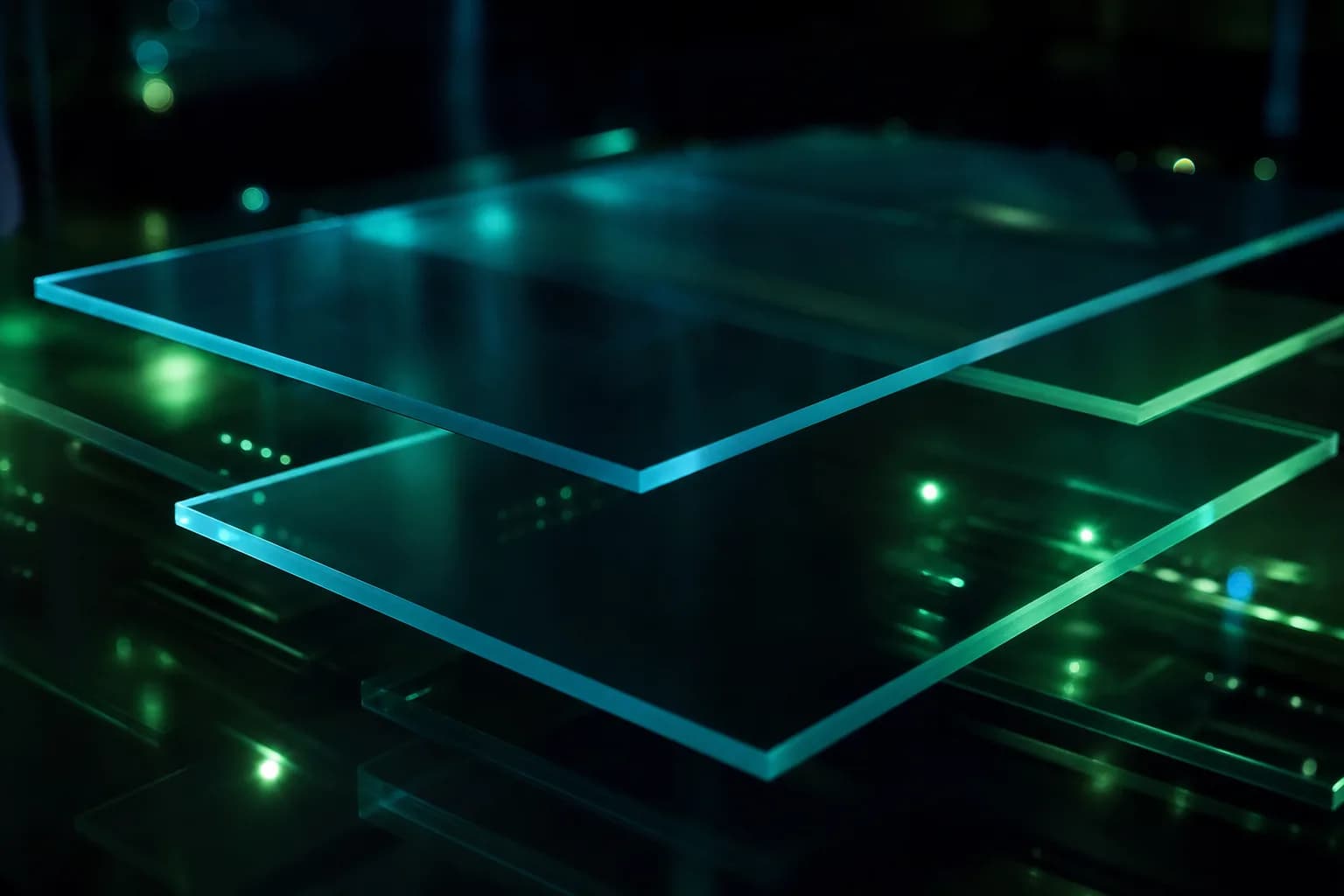 Painéis translúcidos sobrepostos flutuando sobre superfície escura com luz teal, representando infraestrutura em nuvem