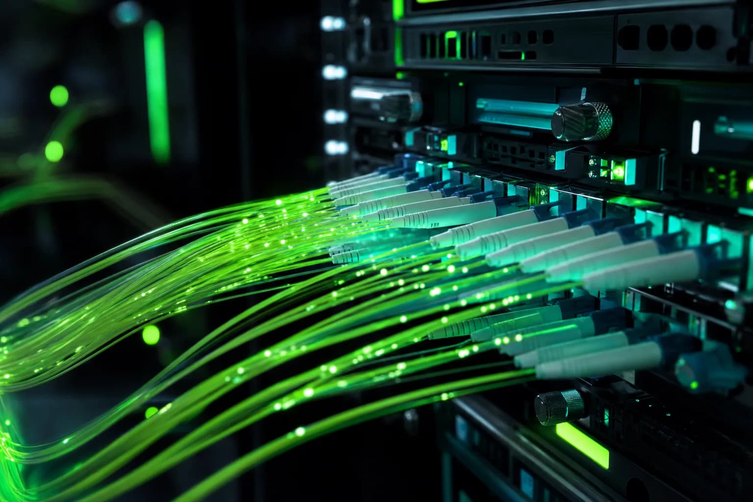 Macro de cabos de fibra óptica com luz verde-limão e teal conectados a um rack de servidores