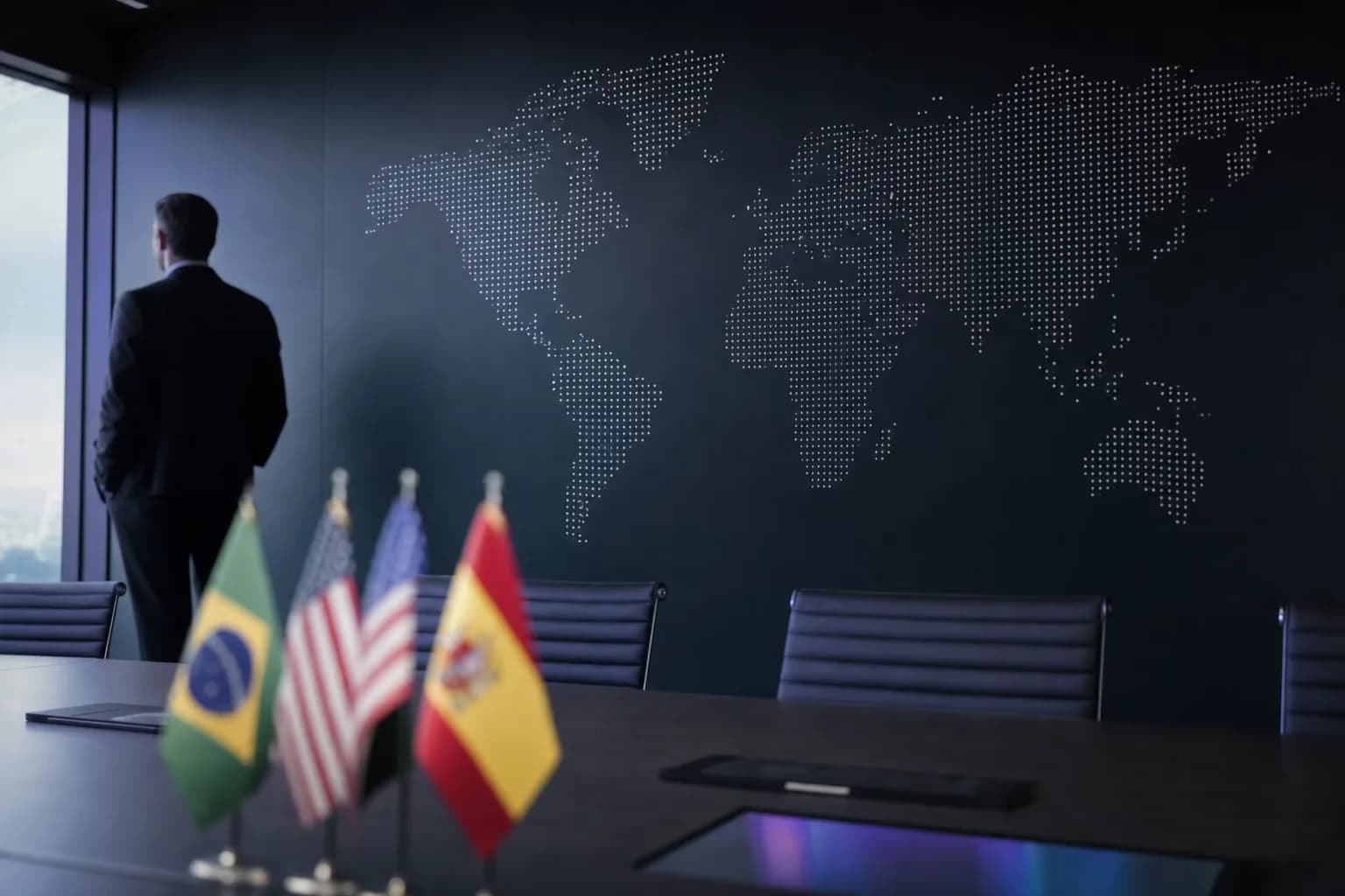 Mapa-múndi minimalista feito de pontos de luz em uma parede escura, atrás de uma mesa de reunião