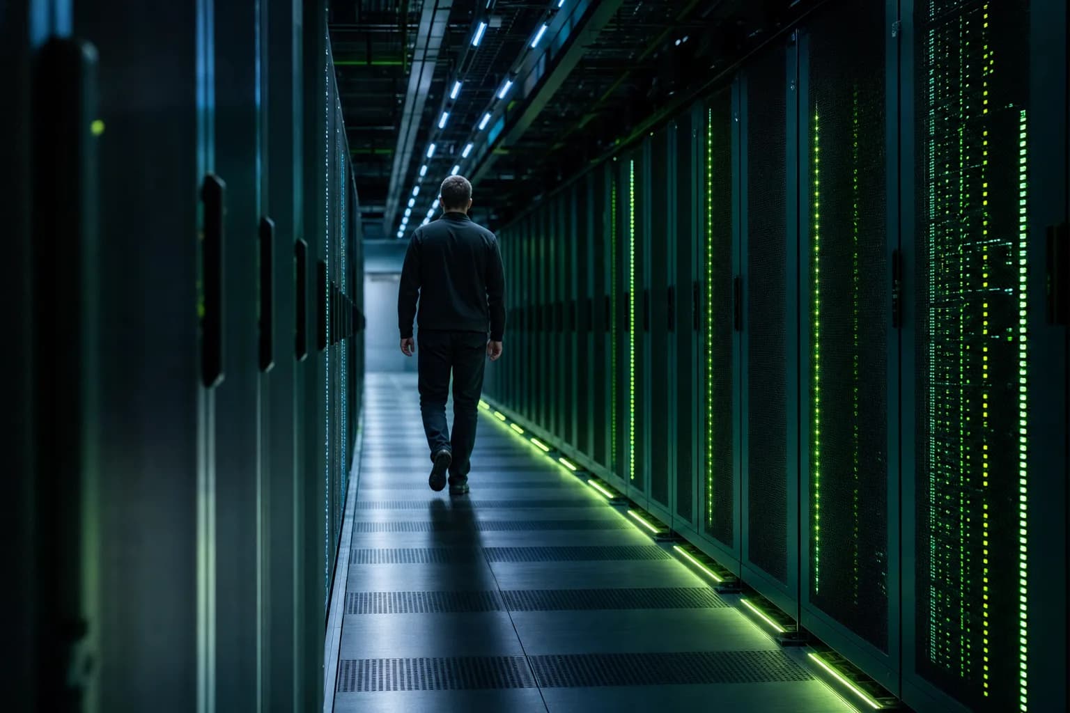 Corredor de data center com fileiras de servidores e linhas finas de luz verde-limão e teal, um engenheiro caminhando ao fundo