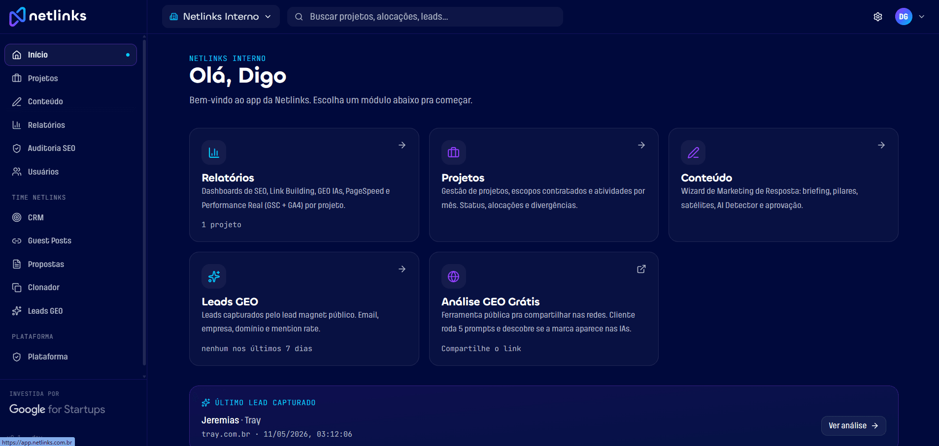 App Netlinks: dashboard com relatórios, projetos, conteúdo e monitoramento de IAs