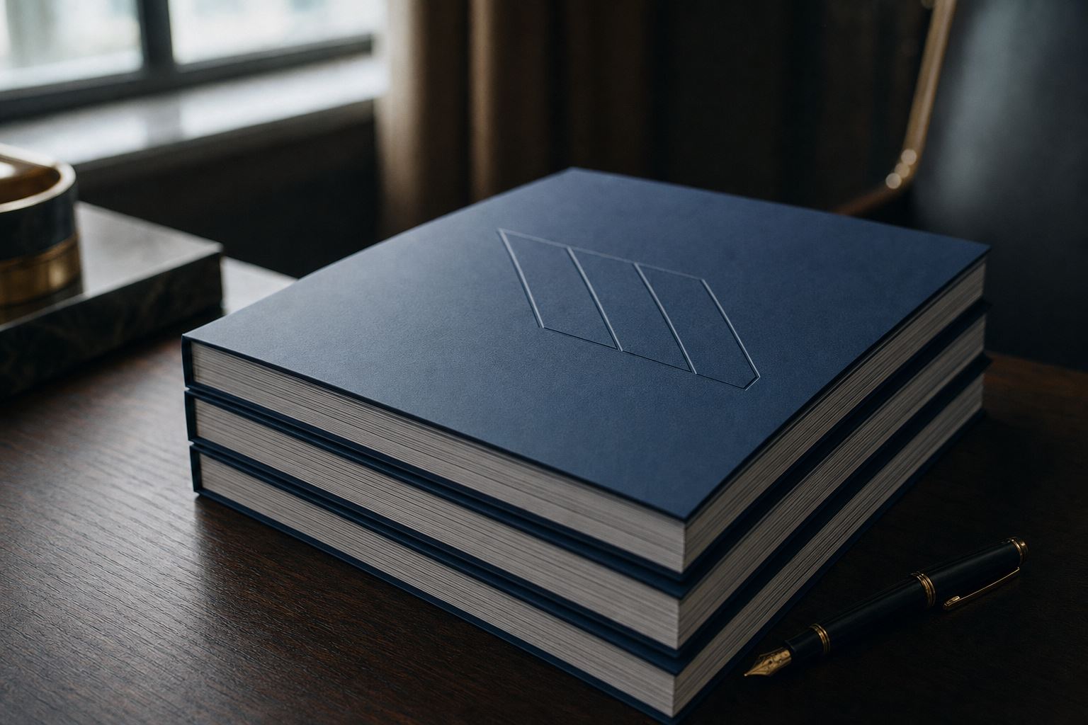 Relatórios executivos impressos com capa navy