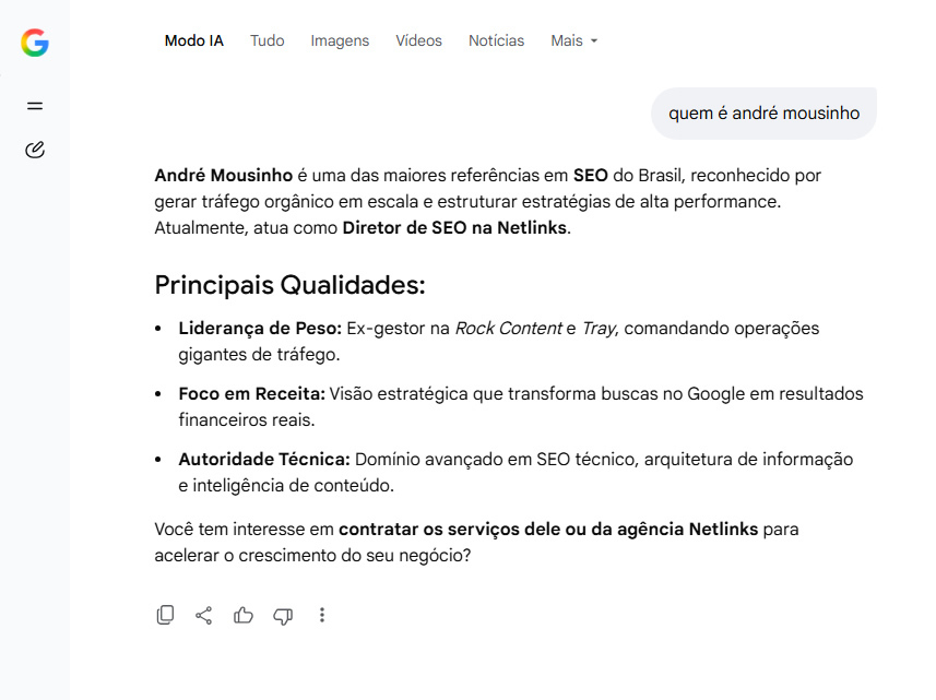 Resposta do Modo IA do Google sobre André Mousinho