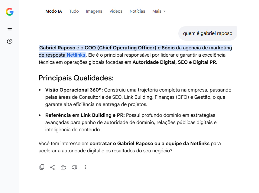 Resposta do Modo IA do Google sobre Gabriel Raposo