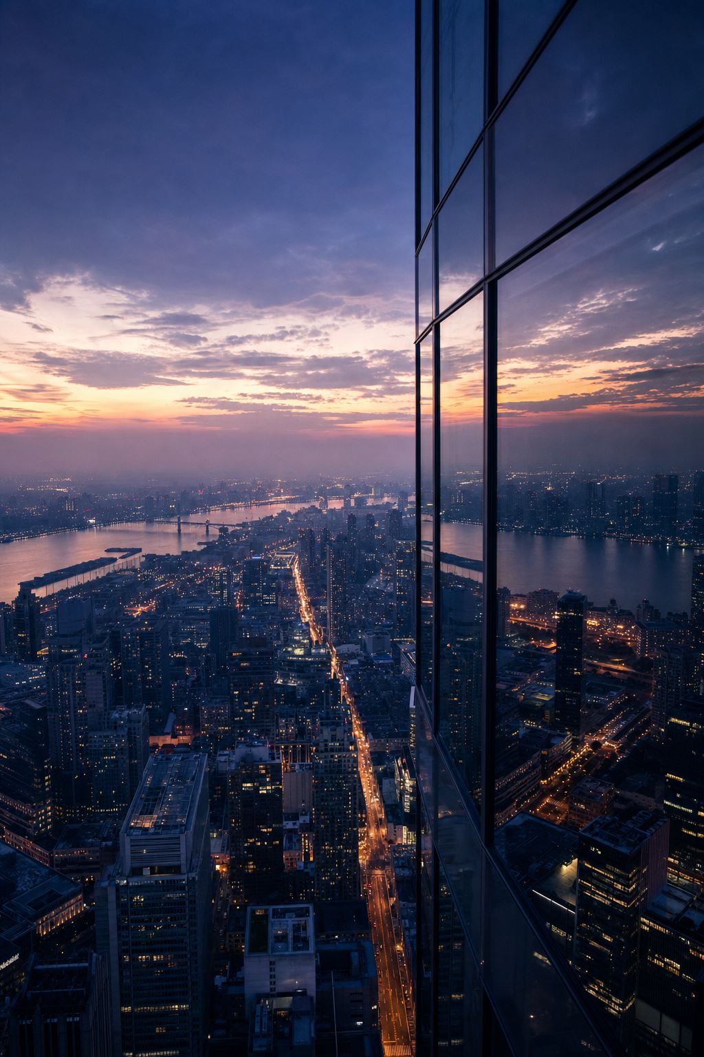 Vista elevada de uma grande cidade ao amanhecer
